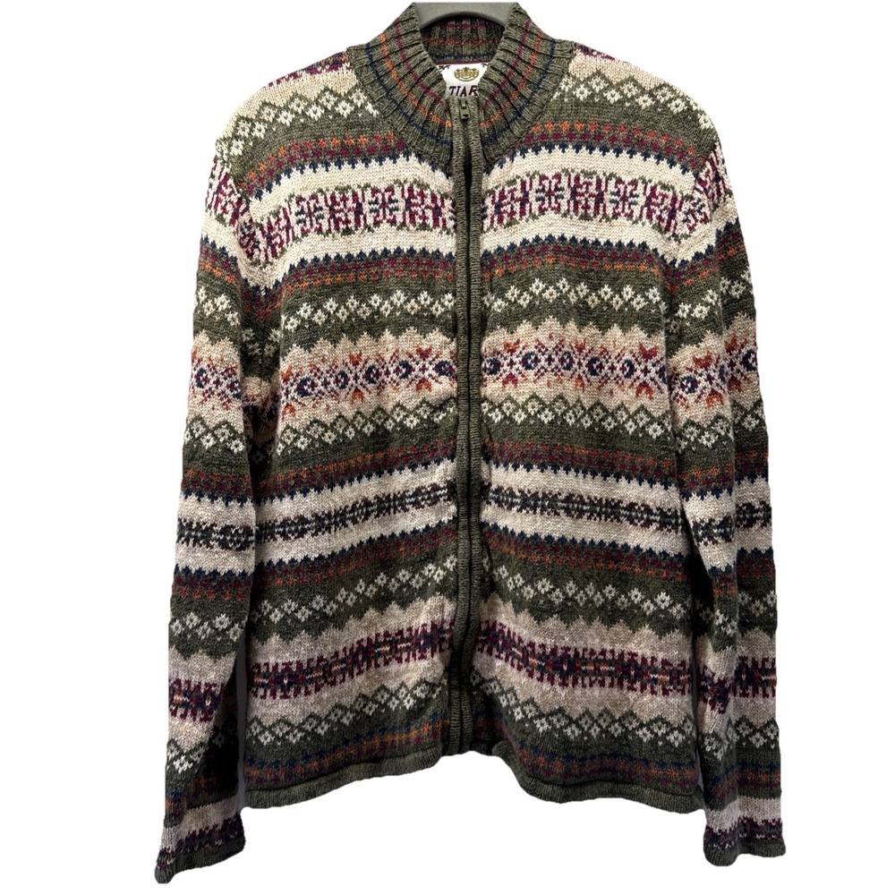 Vtg Tiara Int Women Cardigan Sweater Sz Med Green White Fair Isle Full Zip Thick - Picture 4 of 9